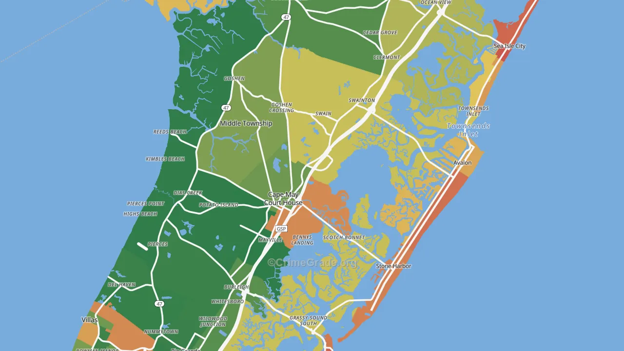 Cape May County, NJ Map of Robbery Rates