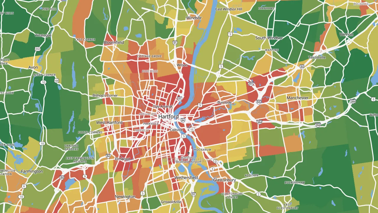 Capitol Planning Region, CT Map of Robbery Rates