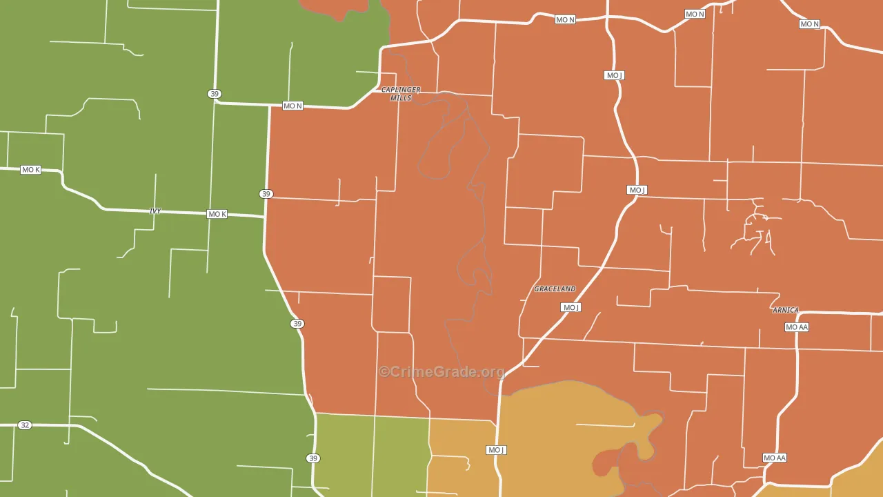 Caplinger Mills, MO Map of Robbery Rates