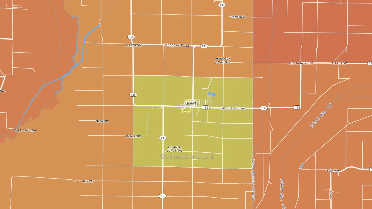 Caraway, AR Map of Robbery Rates