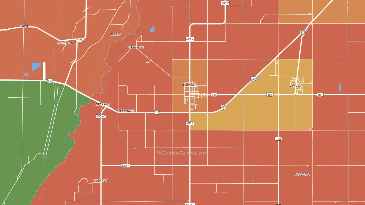 Cardwell, MO Map of Robbery Rates