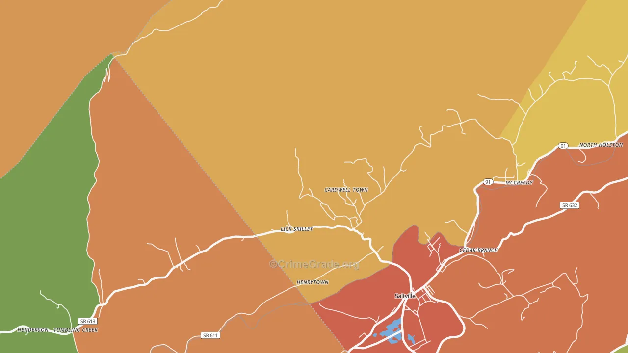 Cardwell Town, VA Map of Robbery Rates