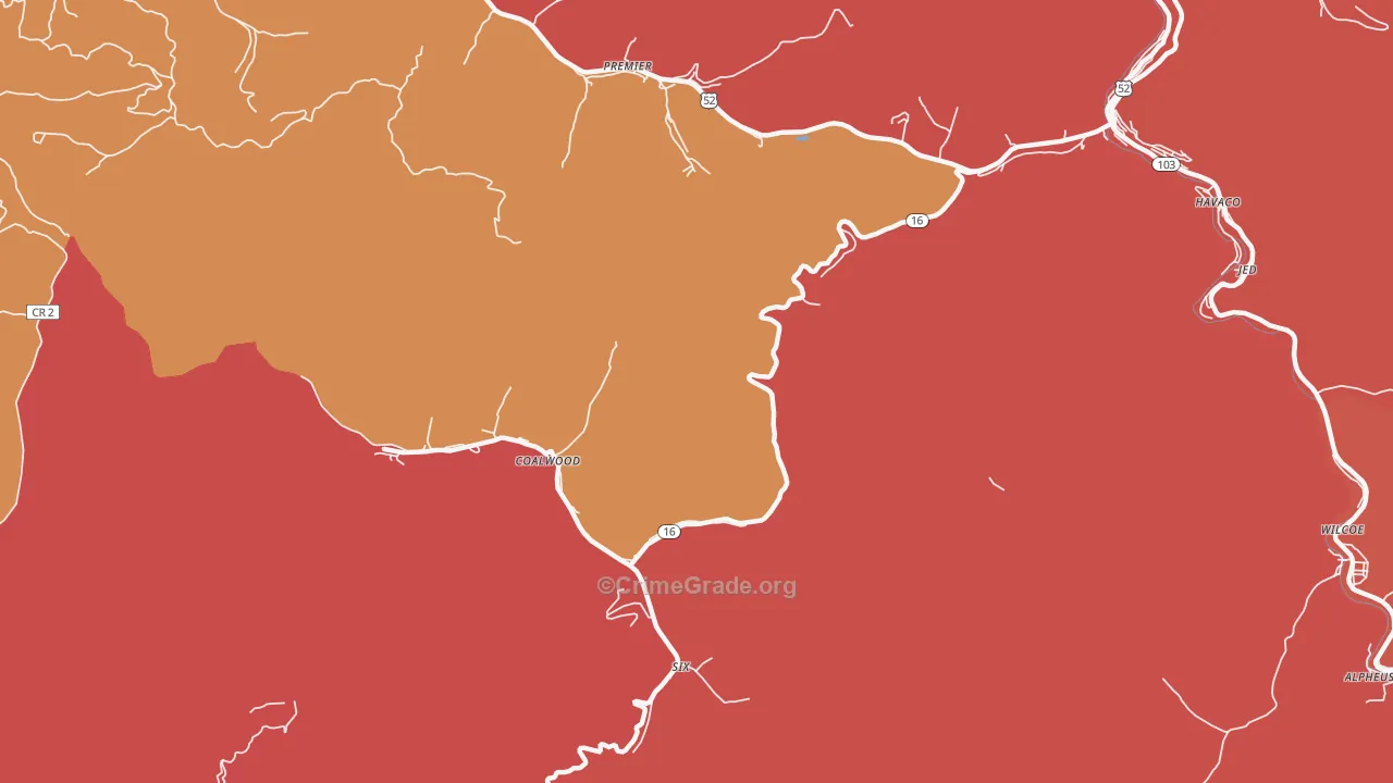 Caretta, WV Map of Robbery Rates