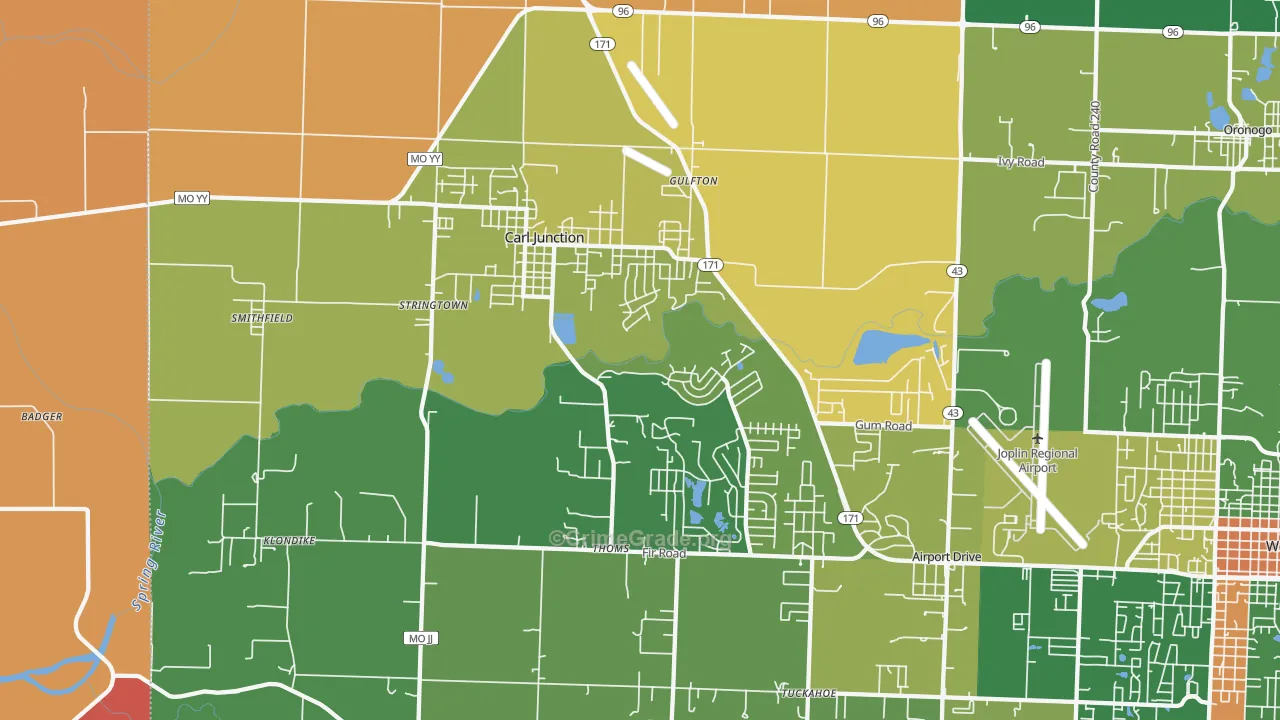 Carl Junction, MO Map of Robbery Rates