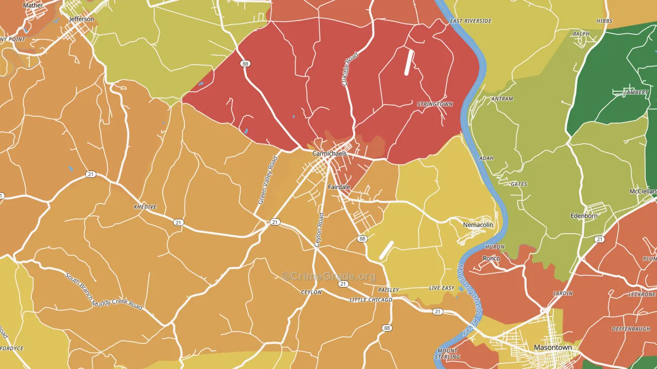 Carmichaels, PA Map of Robbery Rates