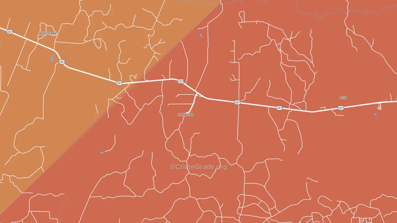 Carmona, TX Map of Robbery Rates