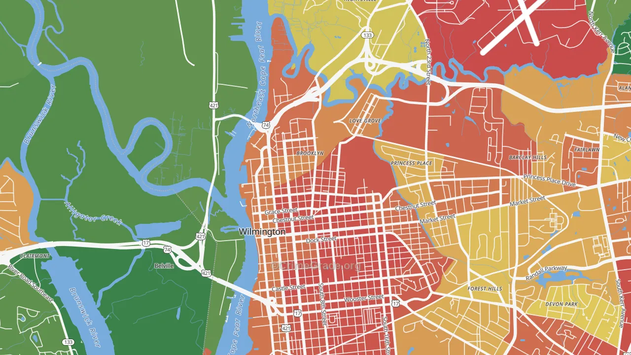 Carolina Heights, Wilmington, NC Map of Robbery Rates