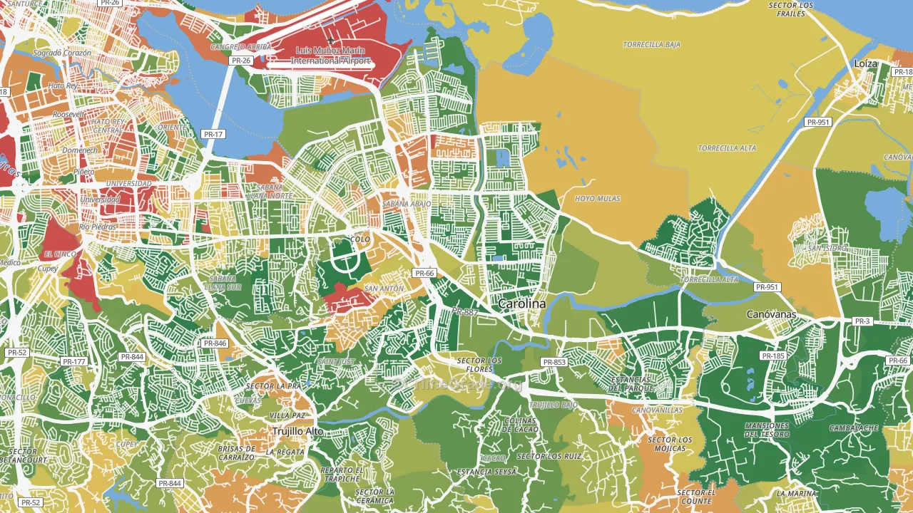 Carolina Municipio, PR Map of Robbery Rates