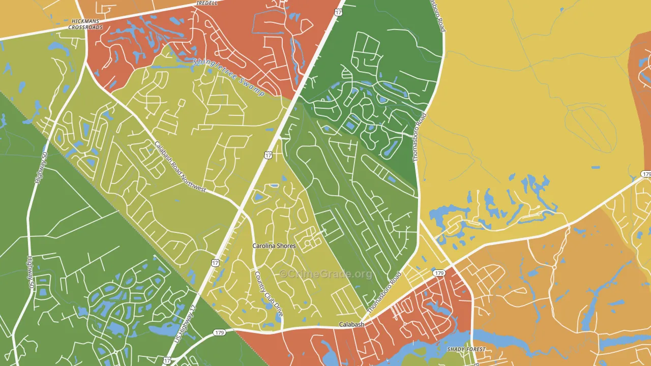 Carolina Shores, NC Map of Robbery Rates