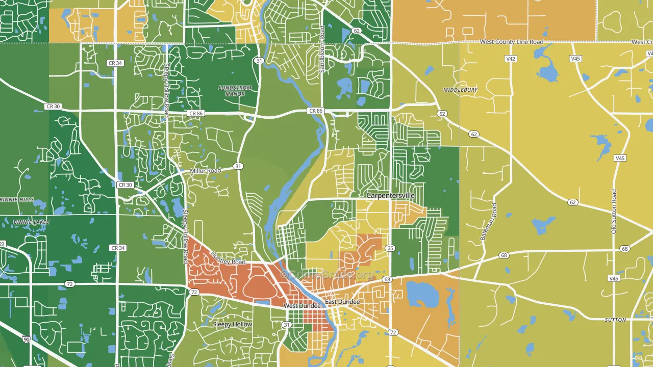 Carpentersville, IL Map of Robbery Rates