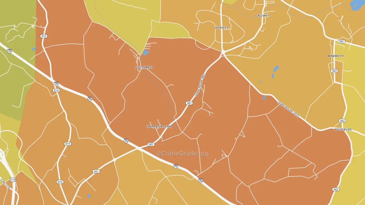 Carpentertown, PA Map of Robbery Rates