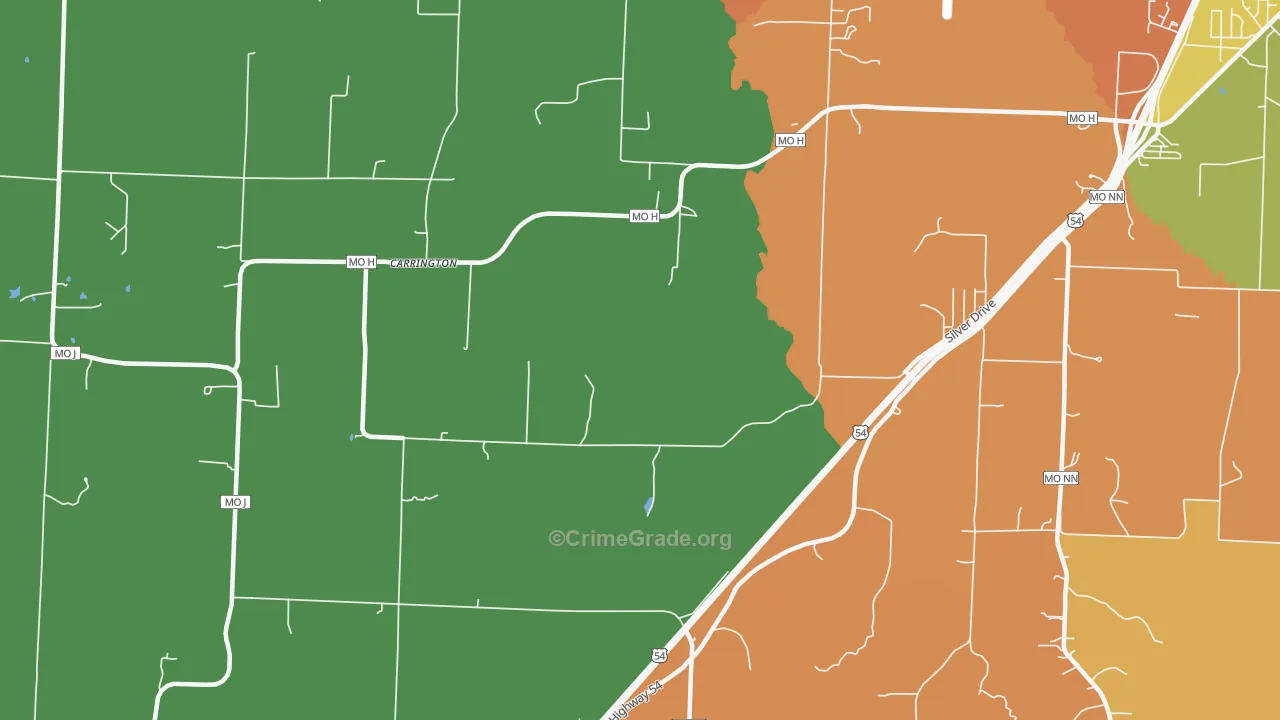 Carrington, MO Map of Robbery Rates