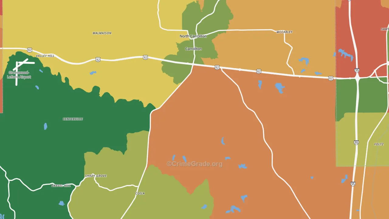 Carroll County, MS Map of Robbery Rates
