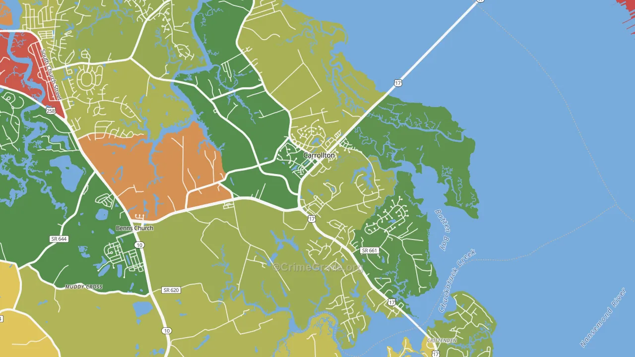 Carrollton, VA Map of Robbery Rates