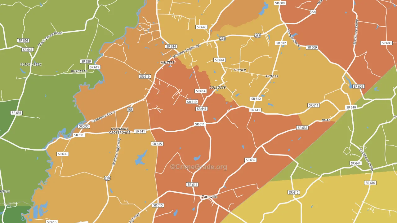 Carrsville, VA Map of Robbery Rates