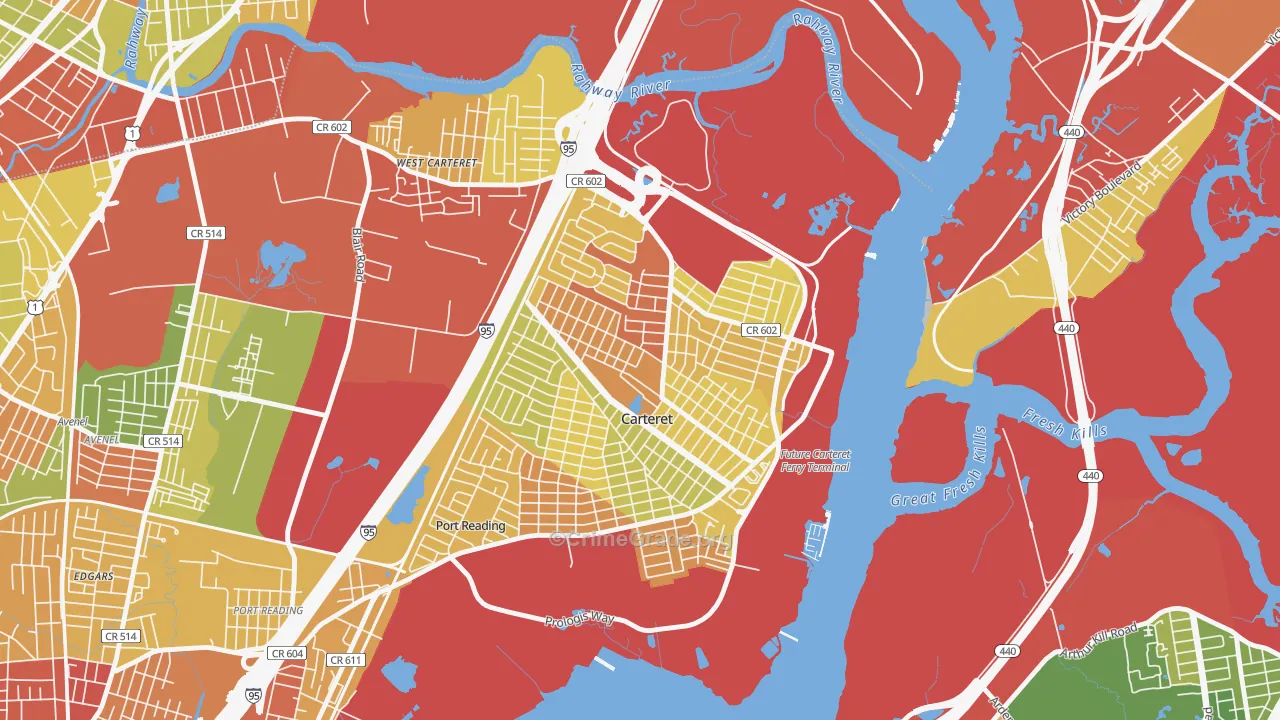 Carteret, NJ Map of Robbery Rates