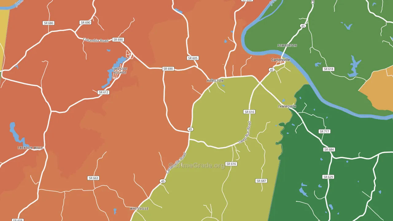 Cartersville, VA Map of Robbery Rates