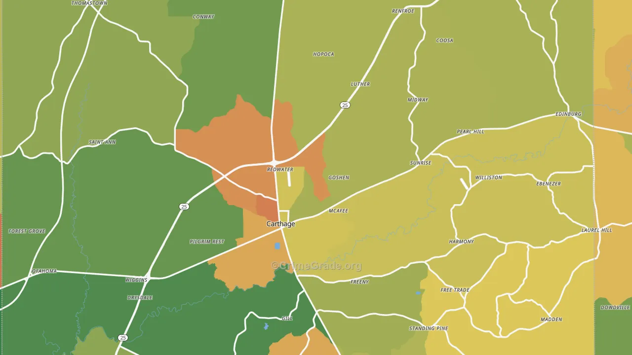 Carthage, MS Map of Robbery Rates