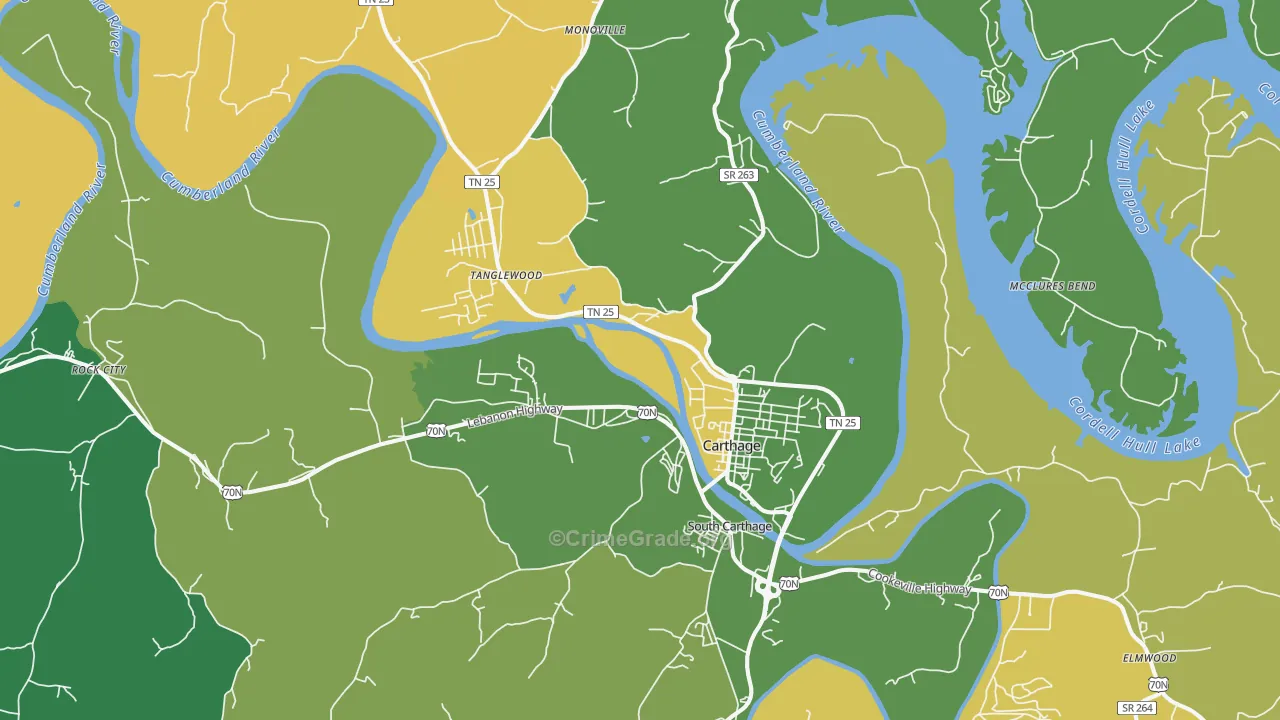 Carthage, TN Map of Robbery Rates