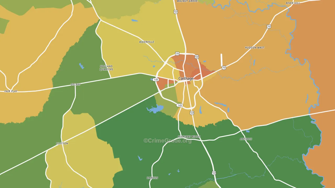 Carthage, TX Map of Robbery Rates