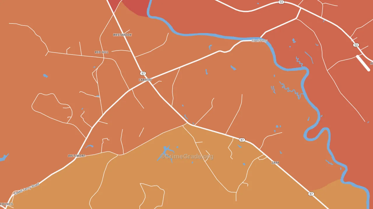 Carvers, NC Map of Robbery Rates