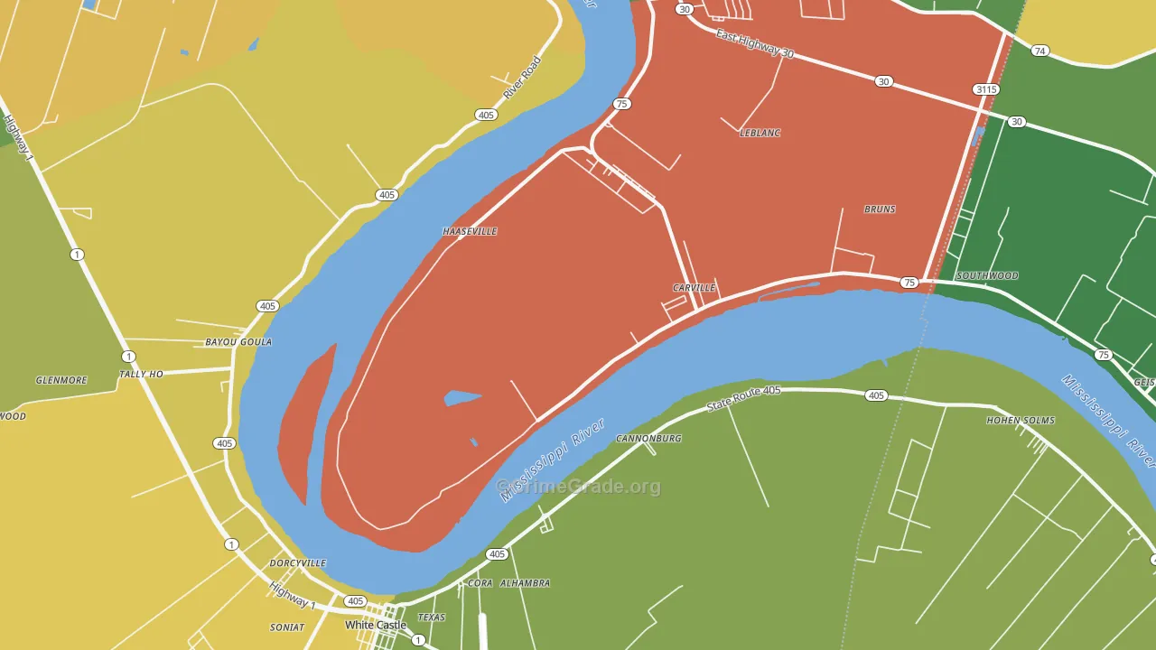 Carville, LA Map of Robbery Rates