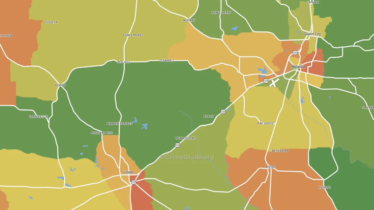 Cass County, TX Map of Robbery Rates