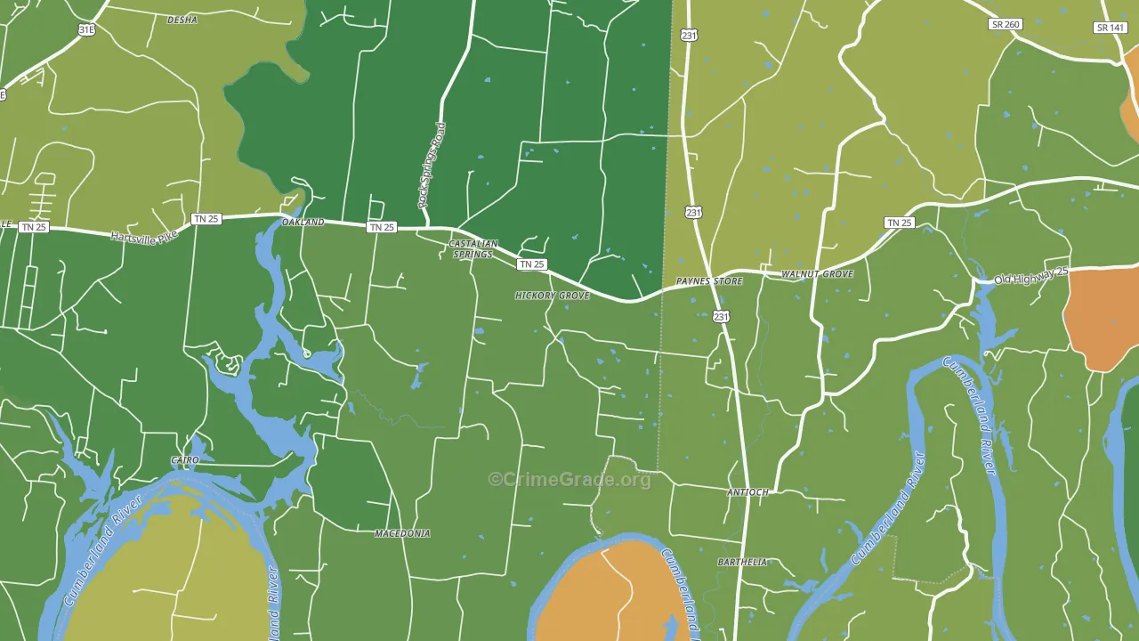 Castalian Springs, TN Map of Robbery Rates