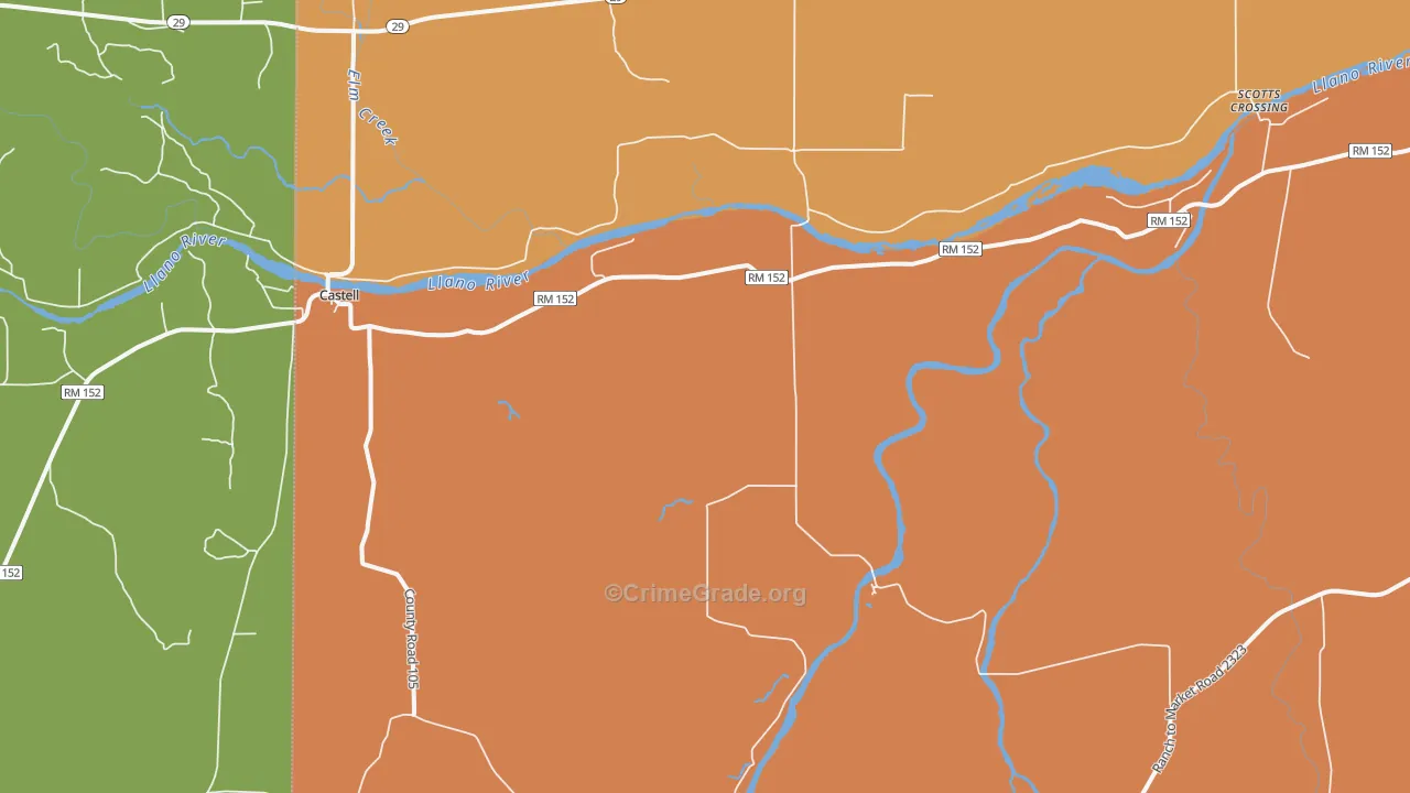 Castell, TX Map of Robbery Rates
