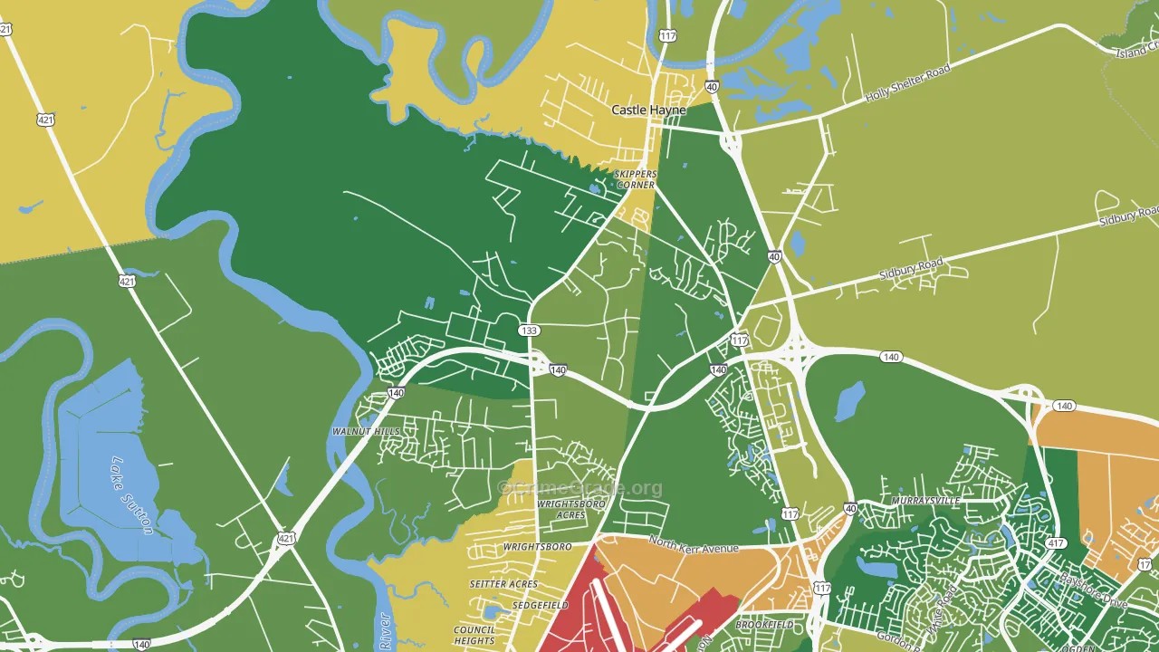 Castle Hayne, NC Map of Robbery Rates
