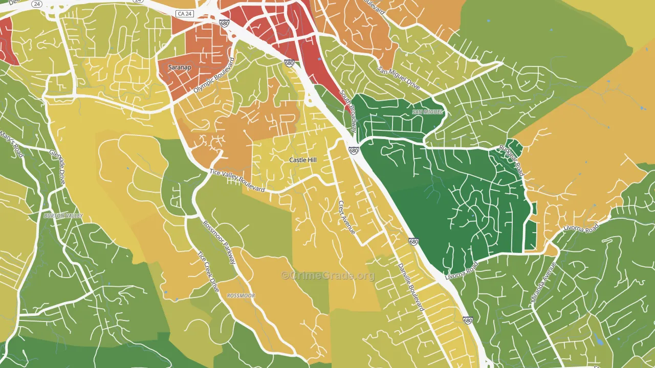 Castle Hill, CA Map of Robbery Rates