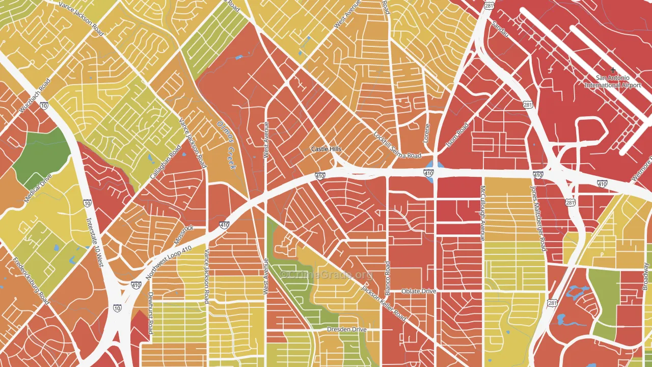 Castle Hills, TX Map of Robbery Rates
