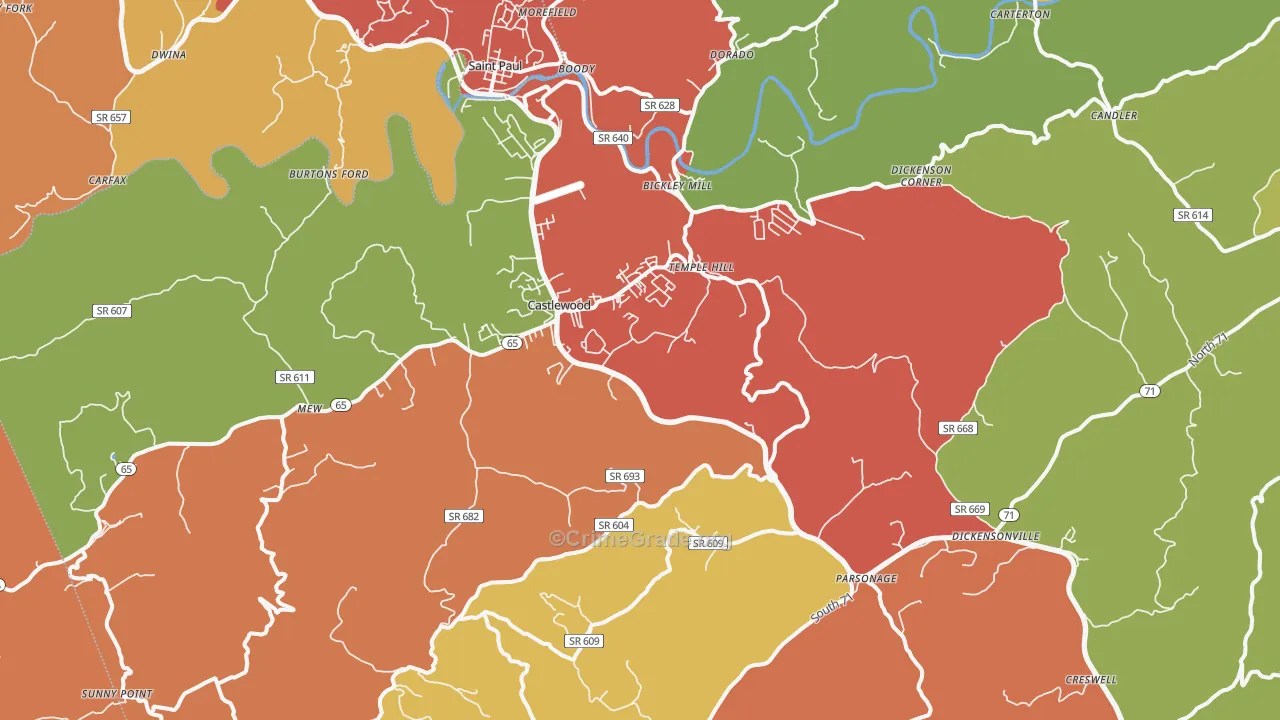 Castlewood, VA Map of Robbery Rates