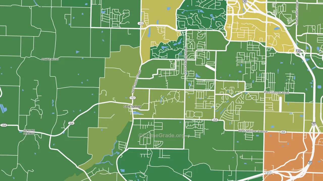Cave Springs, AR Map of Robbery Rates