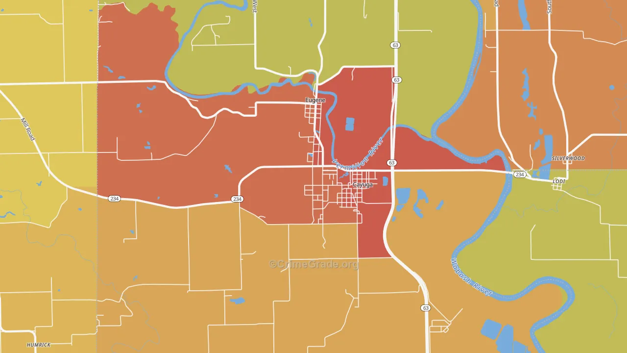Cayuga, IN Map of Robbery Rates