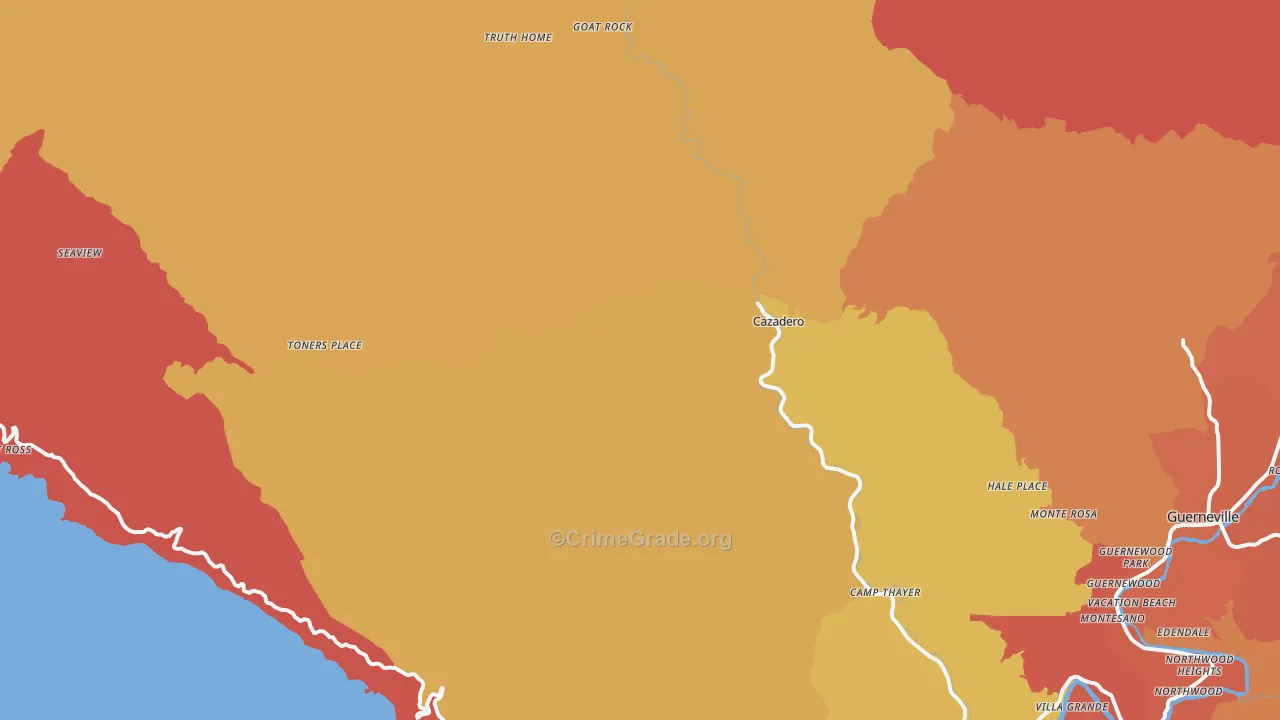 Cazadero, CA Map of Robbery Rates