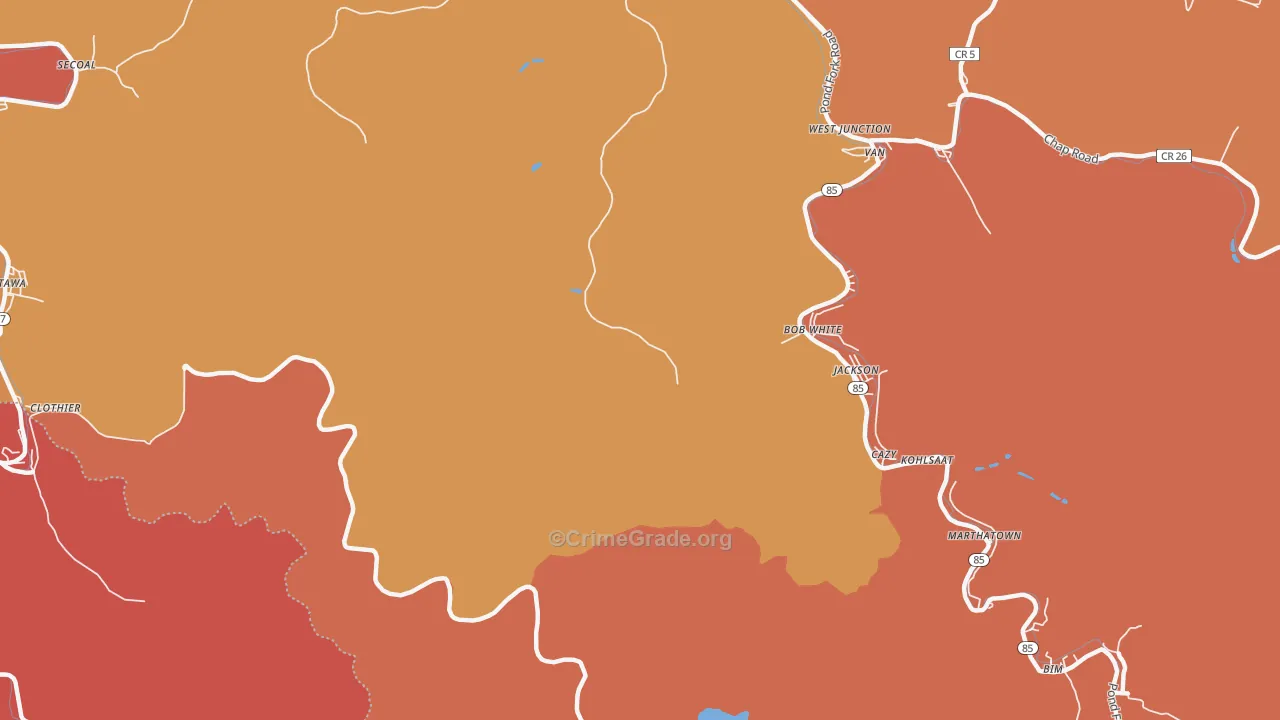 Cazy, WV Map of Robbery Rates