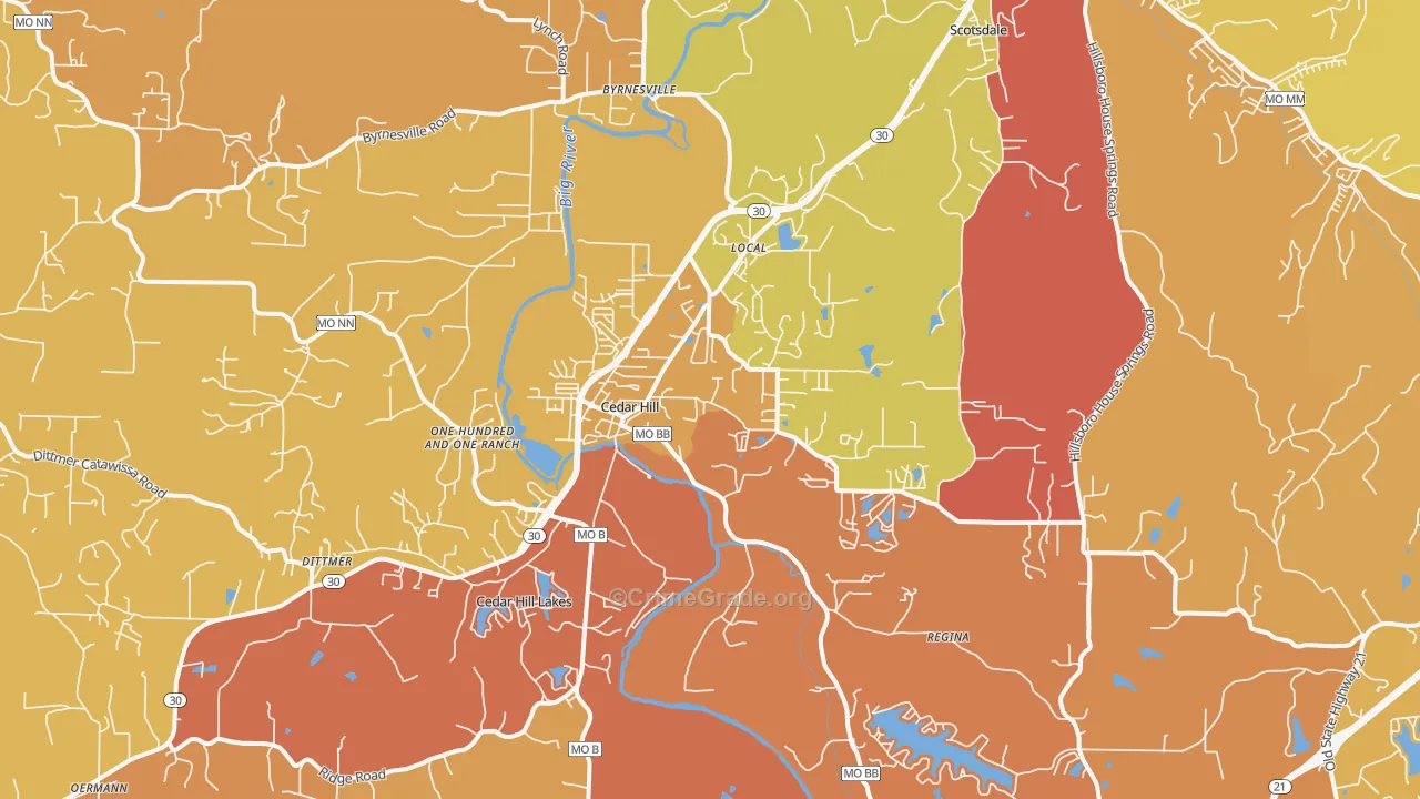 Cedar Hill, MO Map of Robbery Rates