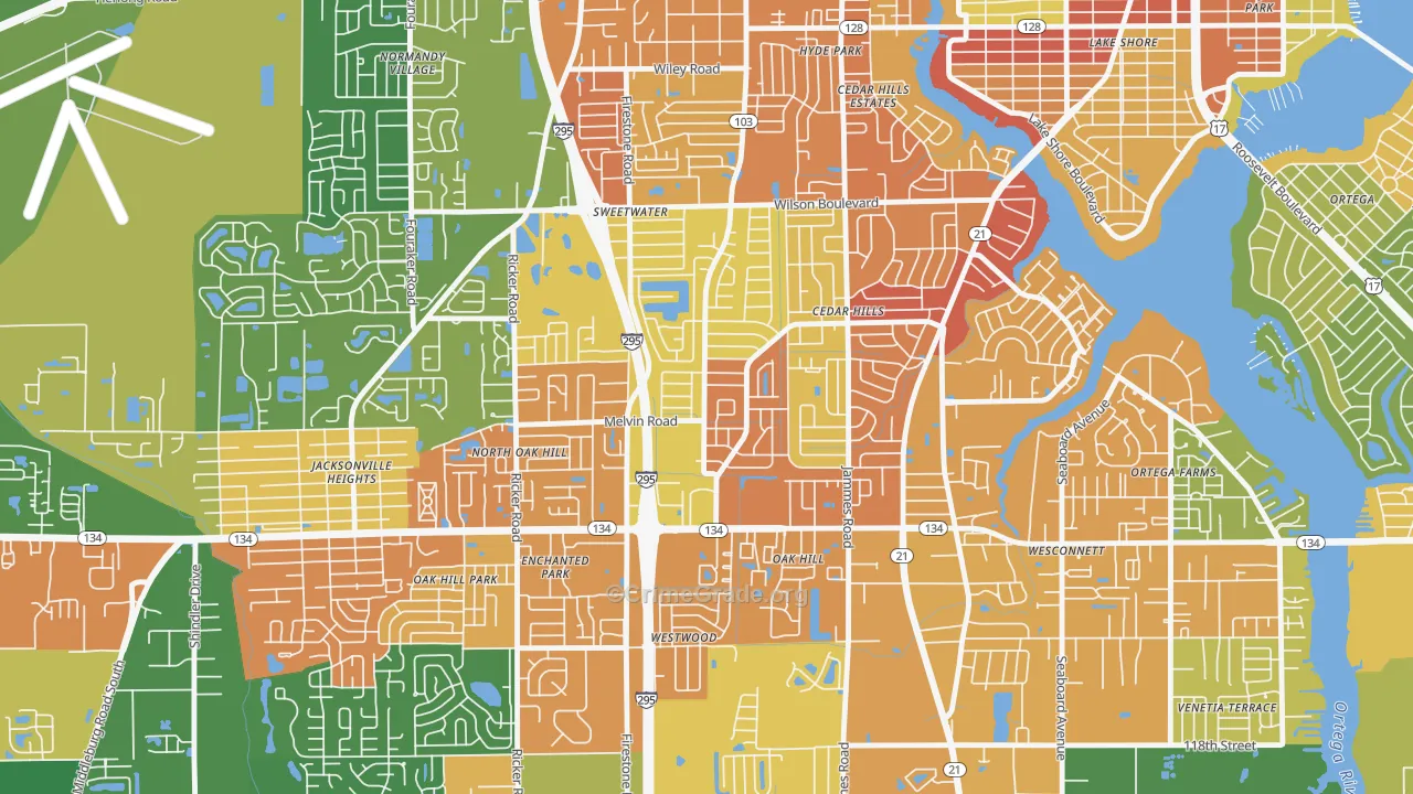 Cedar Hills, Jacksonville, FL Map of Robbery Rates