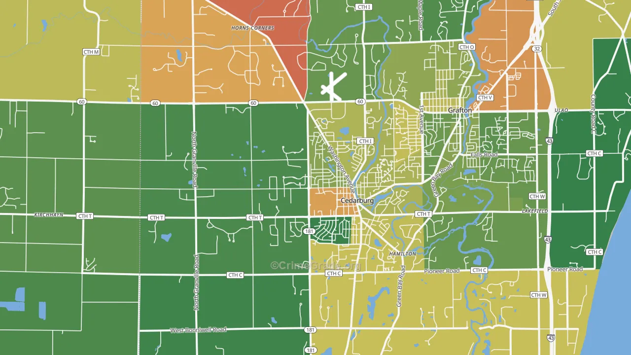 Cedarburg, WI Map of Robbery Rates
