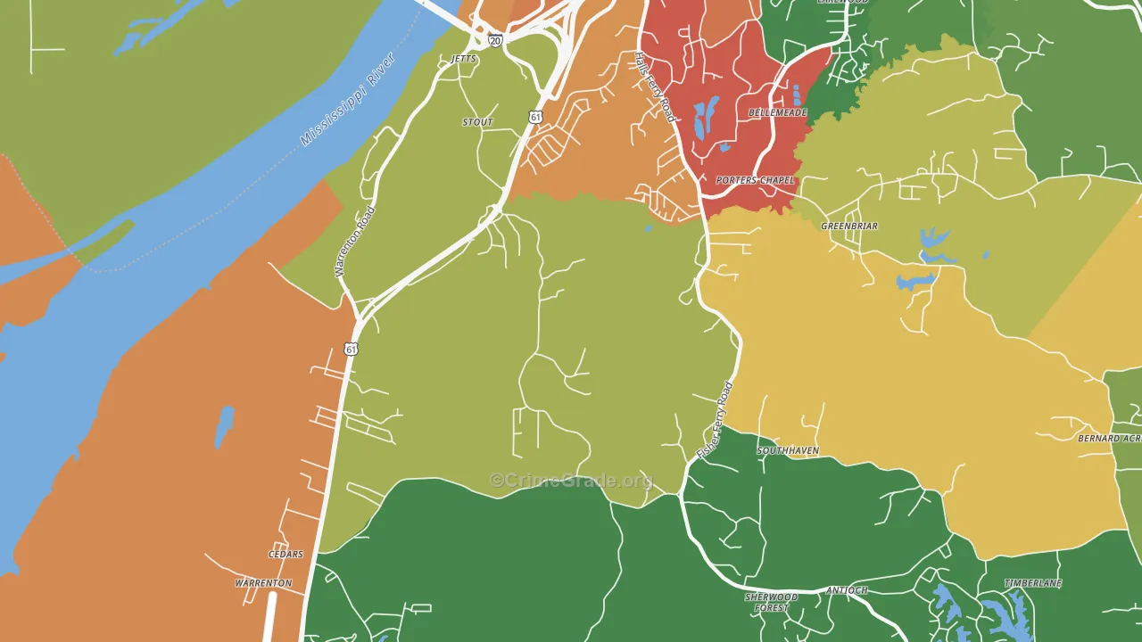 Cedars, MS Map of Robbery Rates