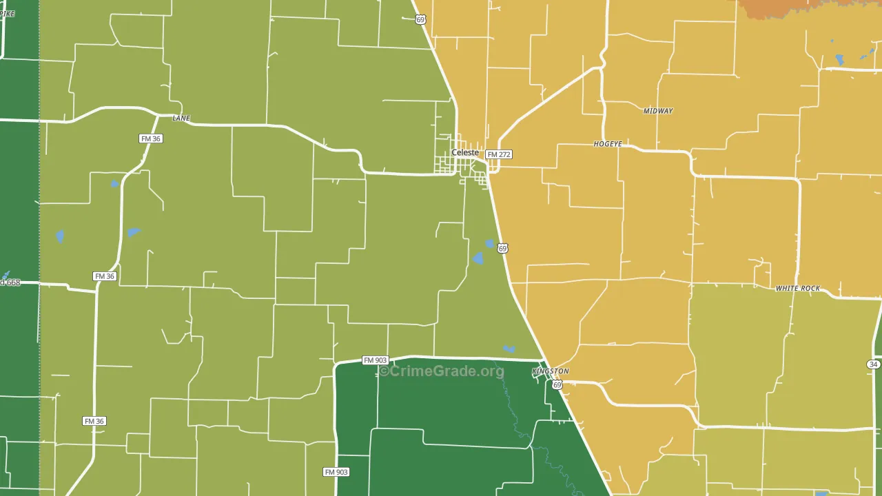 Celeste, TX Map of Robbery Rates