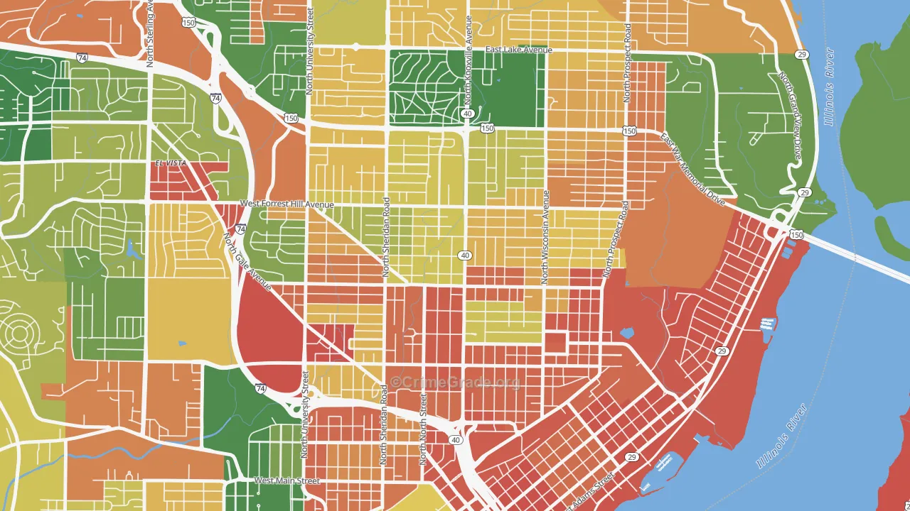 Center Bluff, Peoria, IL Map of Robbery Rates