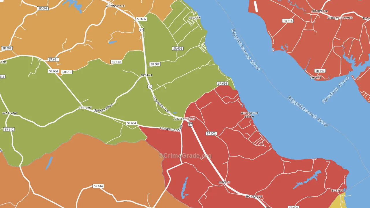 Center Cross, VA Map of Robbery Rates