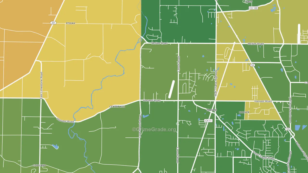 Center Hill, AL Map of Robbery Rates