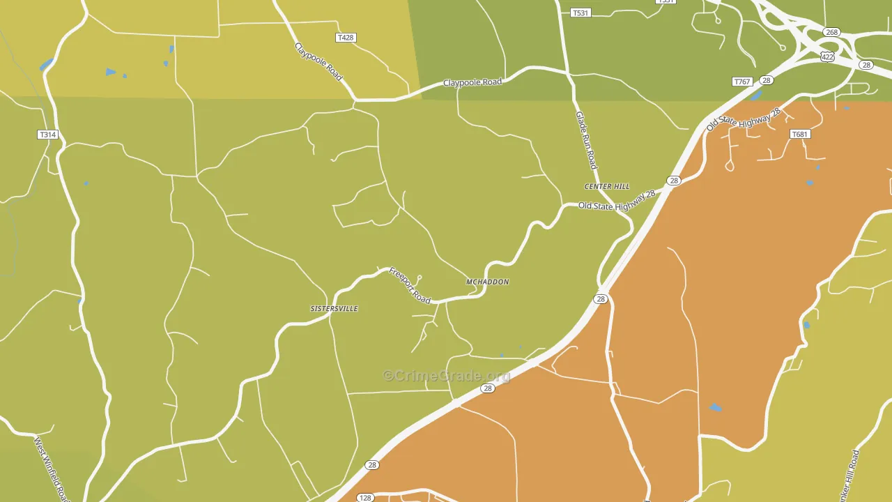 Center Hill, PA Map of Robbery Rates