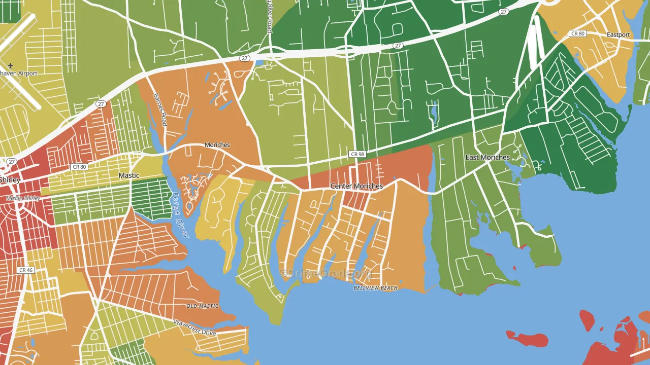 Center Moriches, NY Map of Robbery Rates