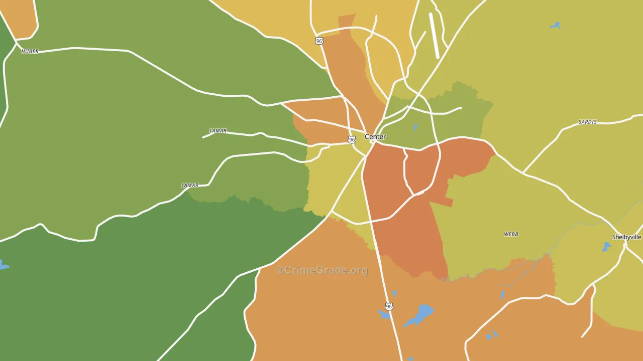 Center, TX Map of Robbery Rates