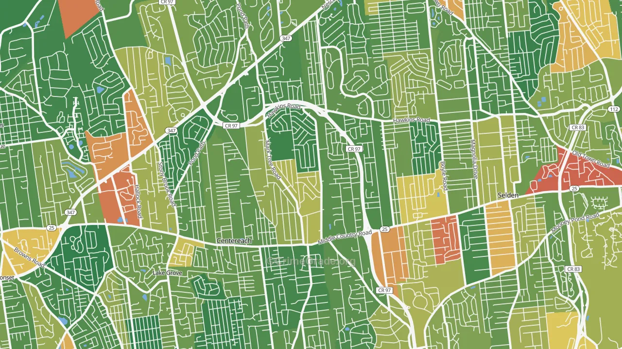 Centereach, NY Map of Robbery Rates