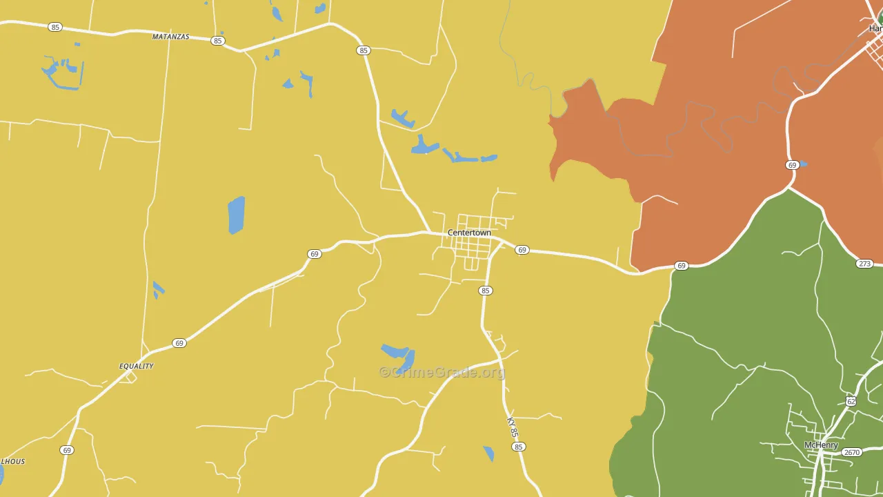 Centertown, KY Map of Robbery Rates
